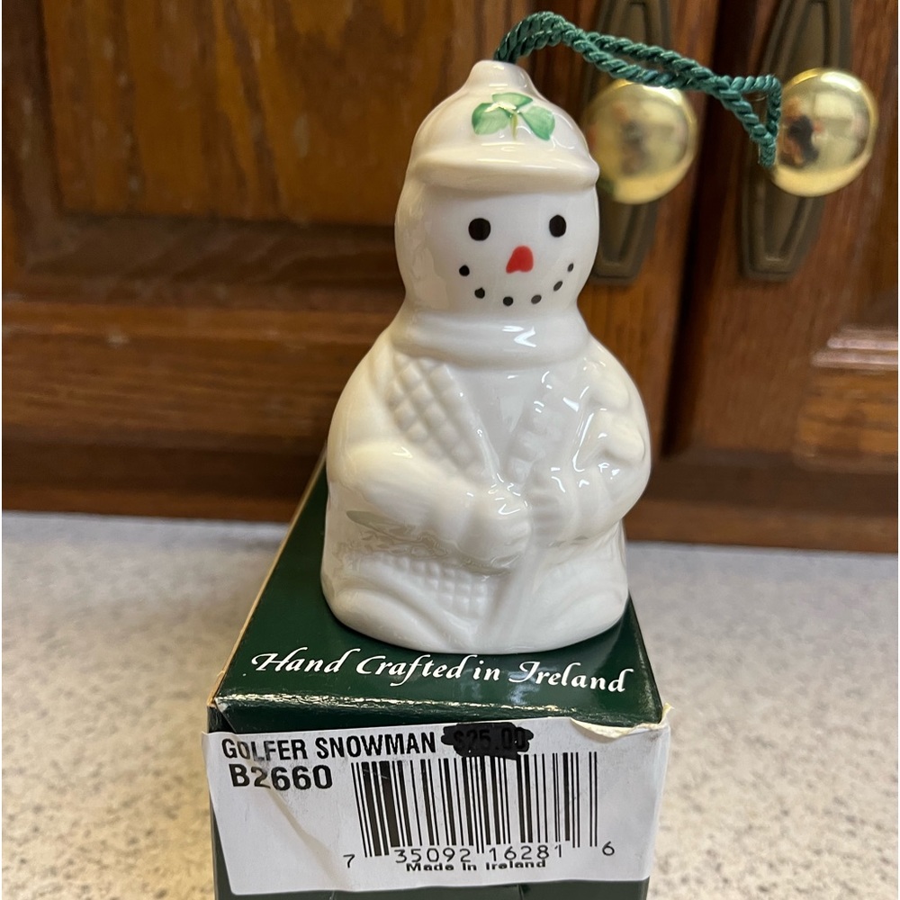 Belleek Golfer Snowman Bell Ornament NIB